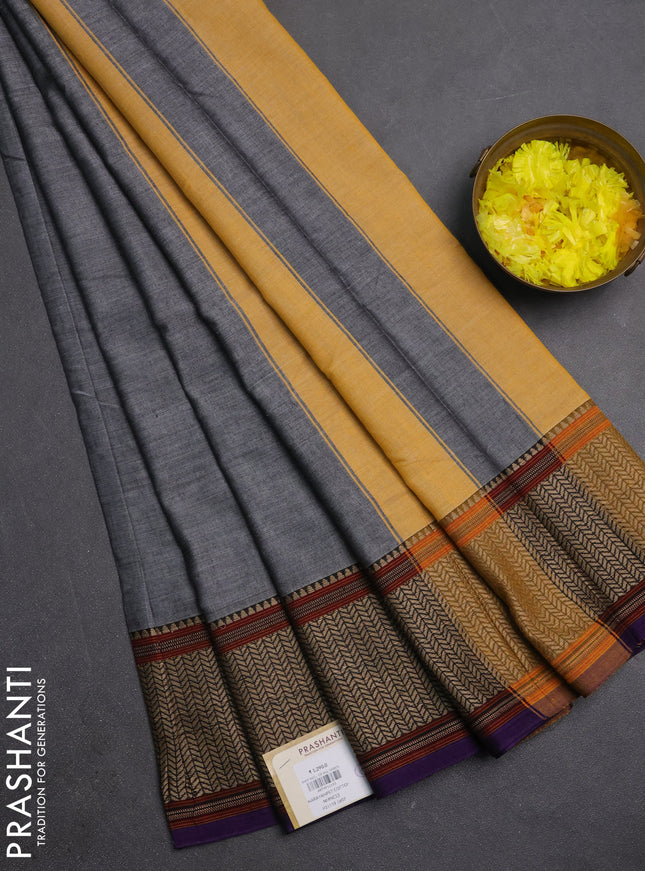 Narayanpet cotton saree grey and violet with pain body and thread woven border