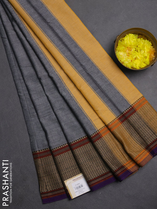 Narayanpet cotton saree grey and violet with pain body and thread woven border