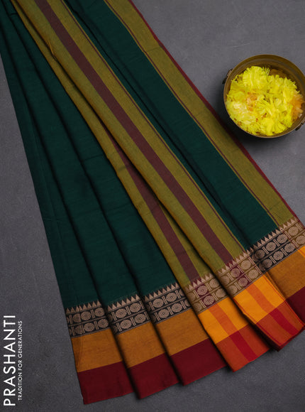 Narayanpet cotton saree green and mustard yellow maroon with plain body and thread woven simple border