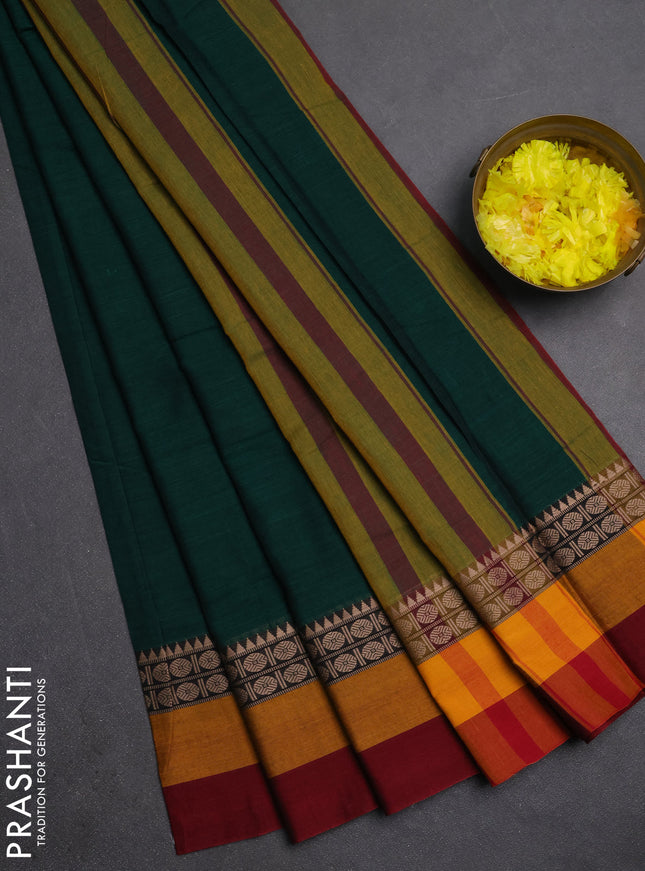 Narayanpet cotton saree green and mustard yellow maroon with plain body and thread woven simple border