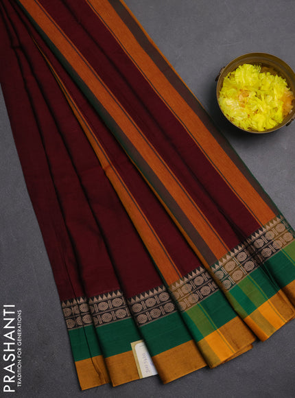 Narayanpet cotton saree deep maroon and green mustard yellow with plain body and thread woven simple border