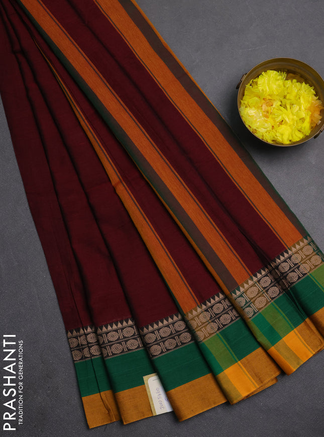 Narayanpet cotton saree deep maroon and green mustard yellow with plain body and thread woven simple border