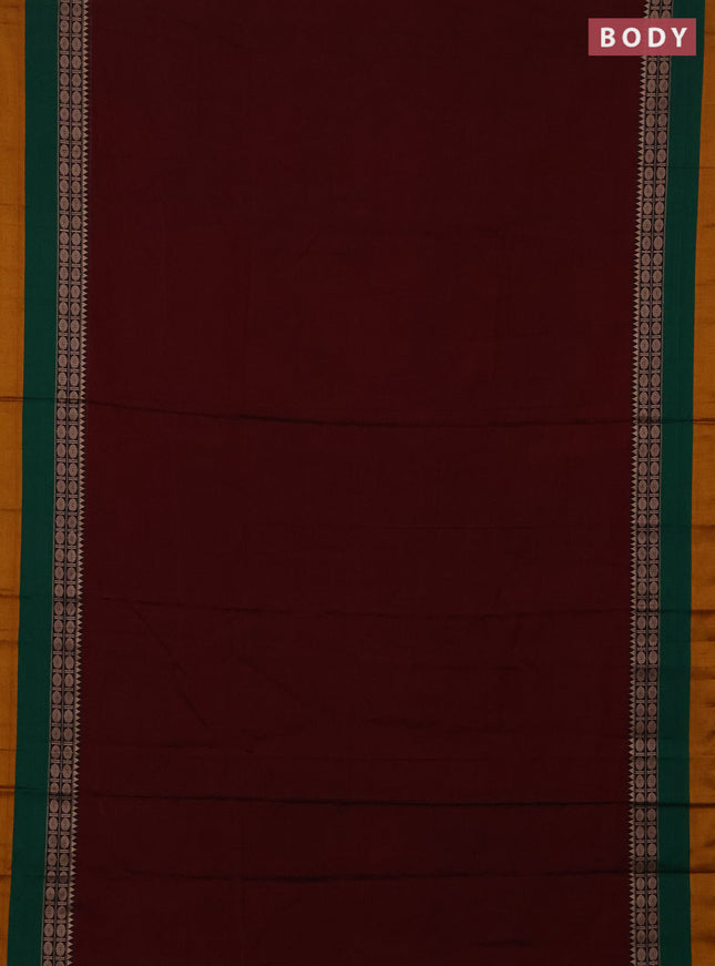 Narayanpet cotton saree deep maroon and green mustard yellow with plain body and thread woven simple border