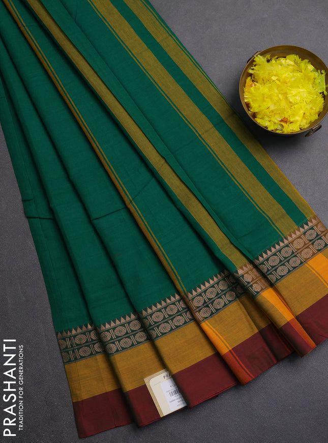 Narayanpet cotton saree green and maroon with plain body and thread thread woven simple border