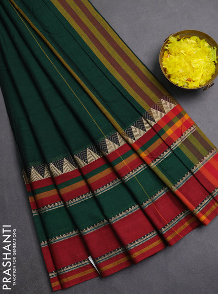 Narayanpet cotton saree green and maroon with plain body and long thread woven border