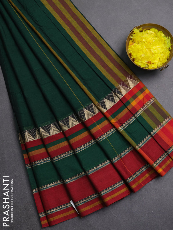 Narayanpet cotton saree green and maroon with plain body and long thread woven border