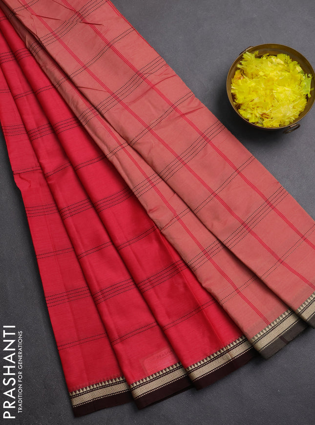 Narayanpet cotton saree tomato pink and maroon with allover thread weaves and small threda woven border