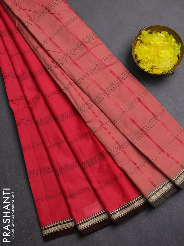 Narayanpet cotton saree tomato pink and maroon with allover thread weaves and small threda woven border