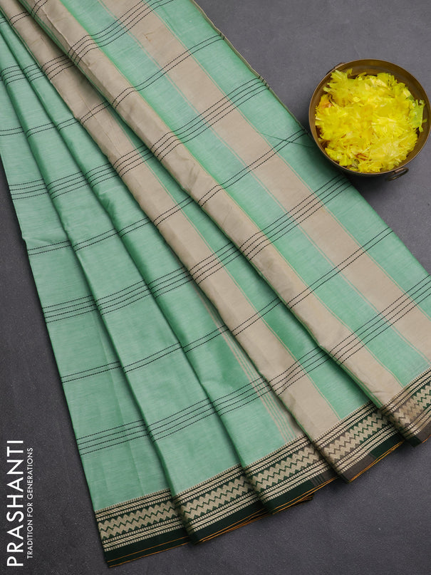 Narayanpet cotton saree teal green and green with allover thread weaves and small threda woven border