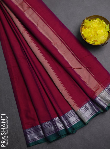 Narayanpet cotton saree magenta pink and green with plain body and silver zari woven border