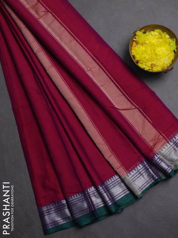 Narayanpet cotton saree magenta pink and green with plain body and silver zari woven border