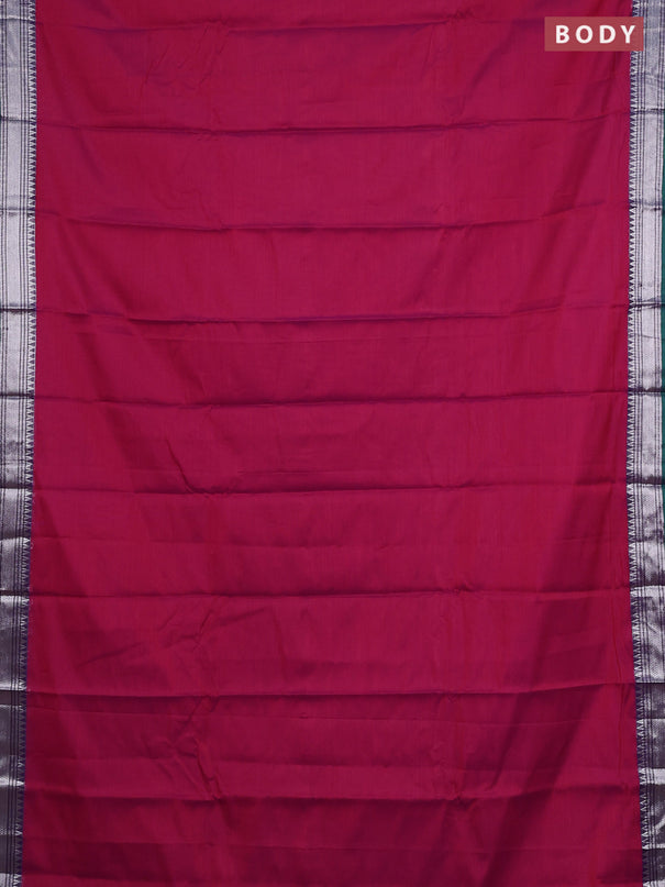 Narayanpet cotton saree magenta pink and green with plain body and silver zari woven border