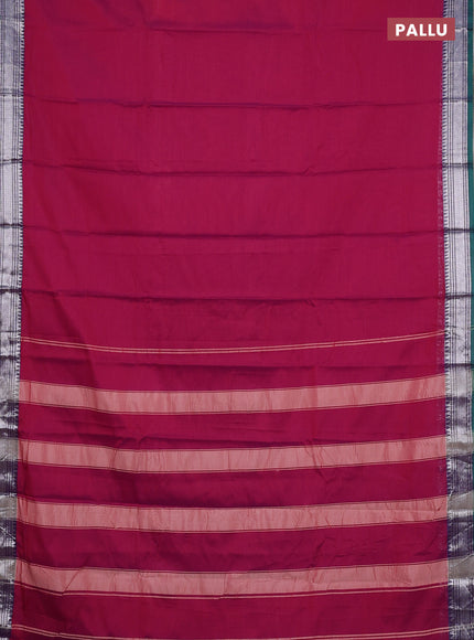 Narayanpet cotton saree magenta pink and green with plain body and silver zari woven border