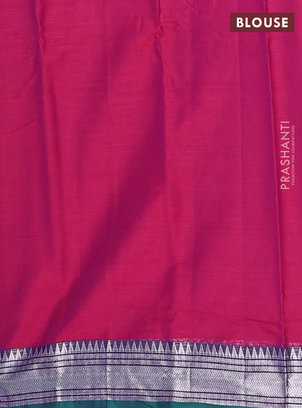 Narayanpet cotton saree magenta pink and green with plain body and silver zari woven border