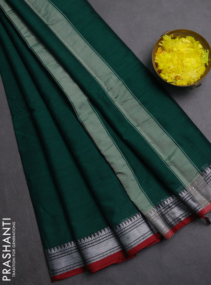 Narayanpet cotton saree green and maroon with plain body and silver zari woven border