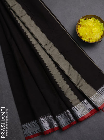 Narayanpet cotton saree coffee brown and maroon with plain body and silver zari woven border