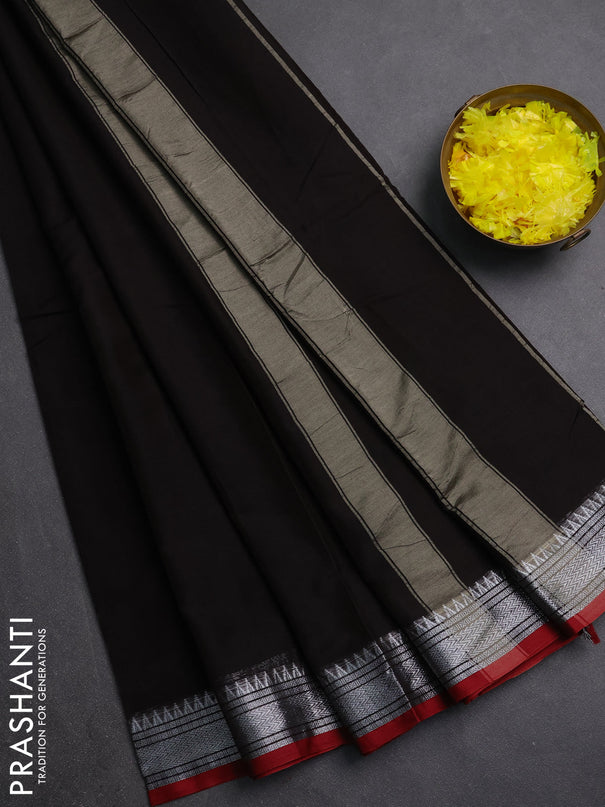Narayanpet cotton saree coffee brown and maroon with plain body and silver zari woven border