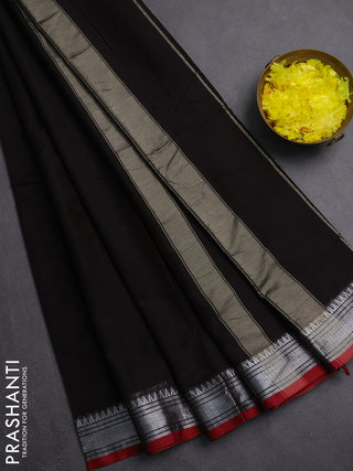 Narayanpet cotton saree black and maroon with plain body and silver zari woven border