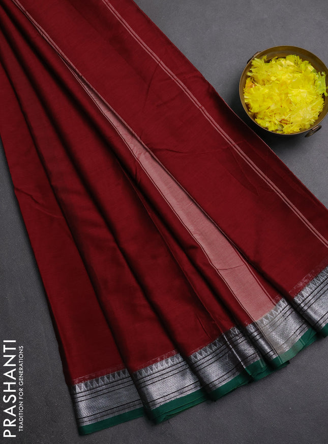 Narayanpet cotton saree maroon and green with plain body and silver zari woven border