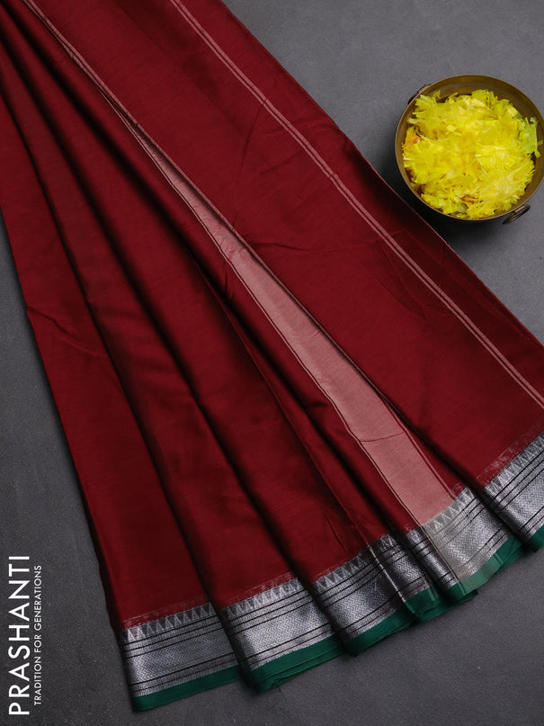 Narayanpet cotton saree maroon and green with plain body and silver zari woven border