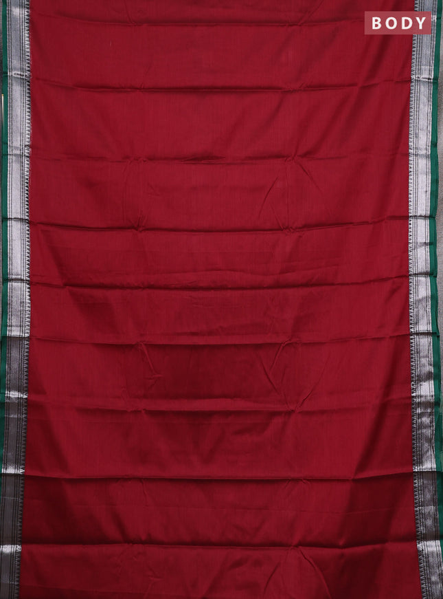 Narayanpet cotton saree maroon and green with plain body and silver zari woven border