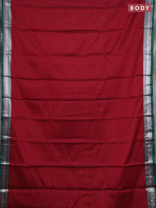 Narayanpet cotton saree maroon and green with plain body and silver zari woven border