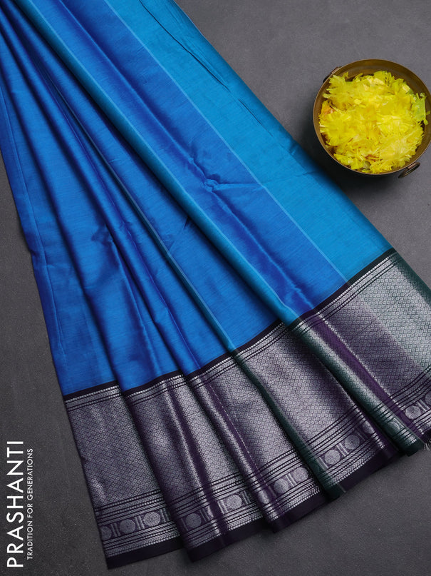Narayanpet cotton saree cs blue and navy blue with plain body and long silver zari woven border