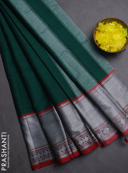 Narayanpet cotton saree green and maroon with plain body and long silver zari woven border