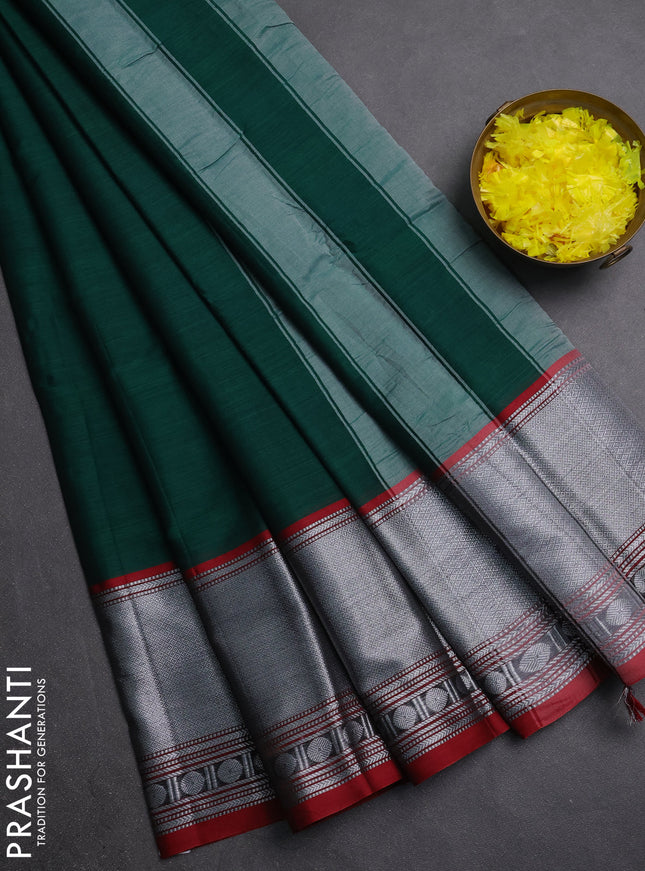 Narayanpet cotton saree green and maroon with plain body and long silver zari woven border