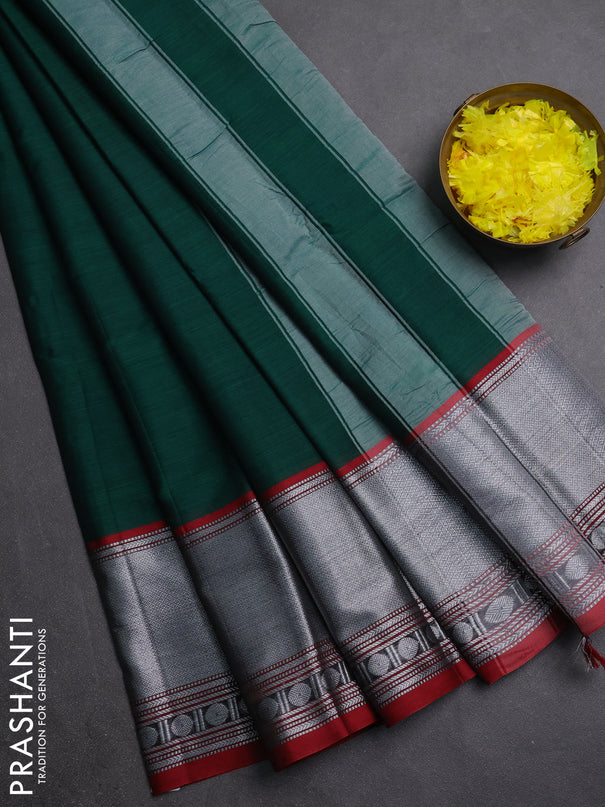 Narayanpet cotton saree green and maroon with plain body and long silver zari woven border
