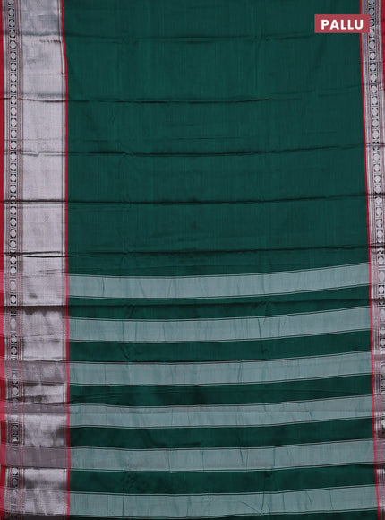 Narayanpet cotton saree green and maroon with plain body and long silver zari woven border