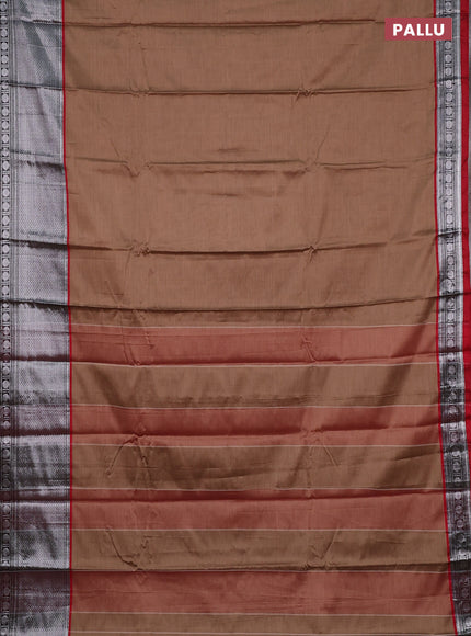 Narayanpet cotton saree sandal and maroon with plain body and long silver zari woven border