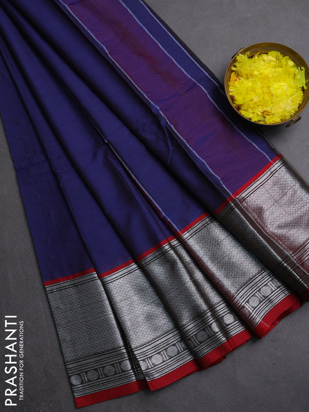Narayanpet cotton saree dark blue and maroon with plain body and long silver zari woven border