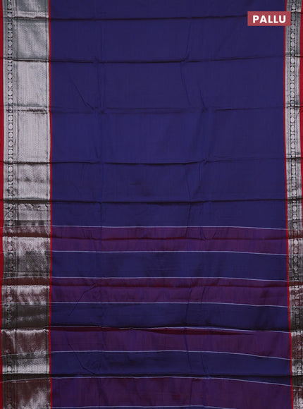 Narayanpet cotton saree dark blue and maroon with plain body and long silver zari woven border