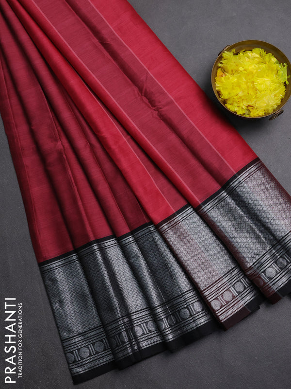 Narayanpet cotton saree mauve pink and black with plain body and long silver zari woven border