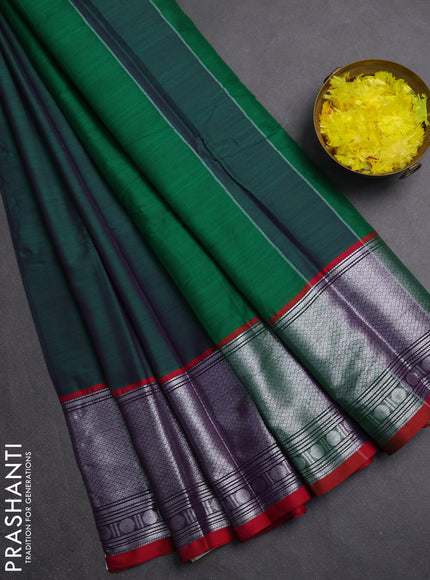 Narayanpet cotton saree green and maroon with plain body and long silver zari woven border