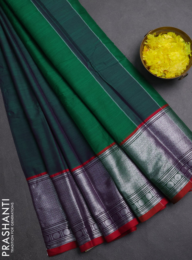 Narayanpet cotton saree green and maroon with plain body and long silver zari woven border