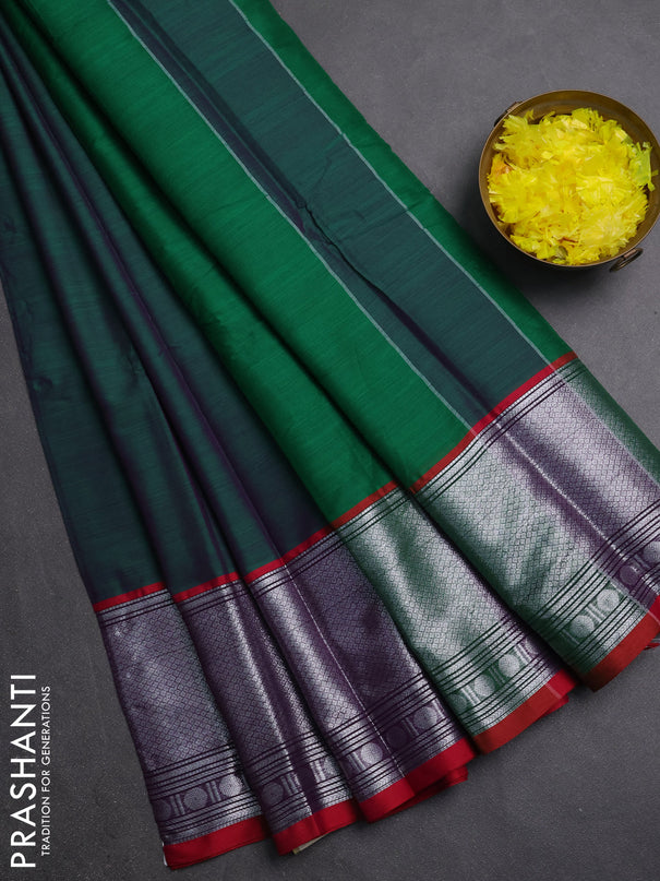 Narayanpet cotton saree green and maroon with plain body and long silver zari woven border