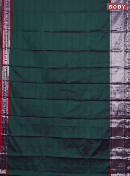 Narayanpet cotton saree green and maroon with plain body and long silver zari woven border