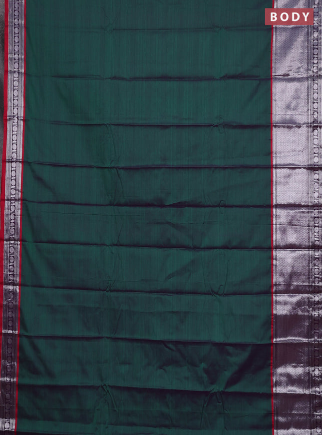 Narayanpet cotton saree green and maroon with plain body and long silver zari woven border