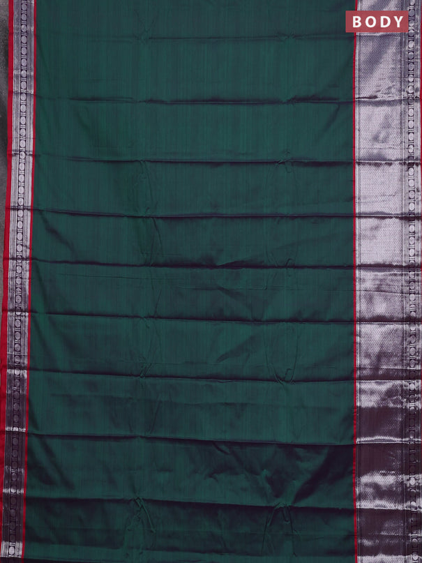 Narayanpet cotton saree green and maroon with plain body and long silver zari woven border
