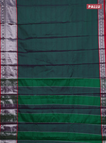 Narayanpet cotton saree green and maroon with plain body and long silver zari woven border
