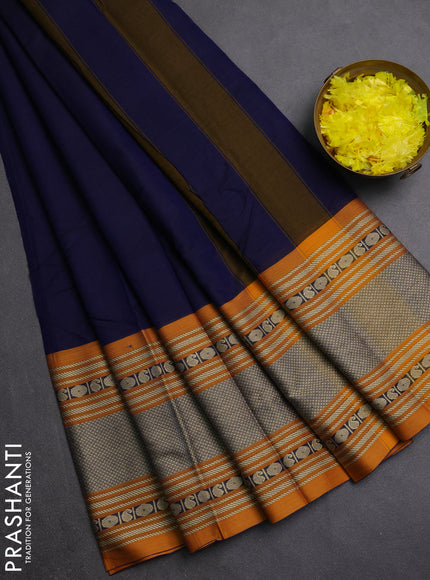 Narayanpet cotton saree navy blue and mustard yellow with plain body and long silver zari woven border