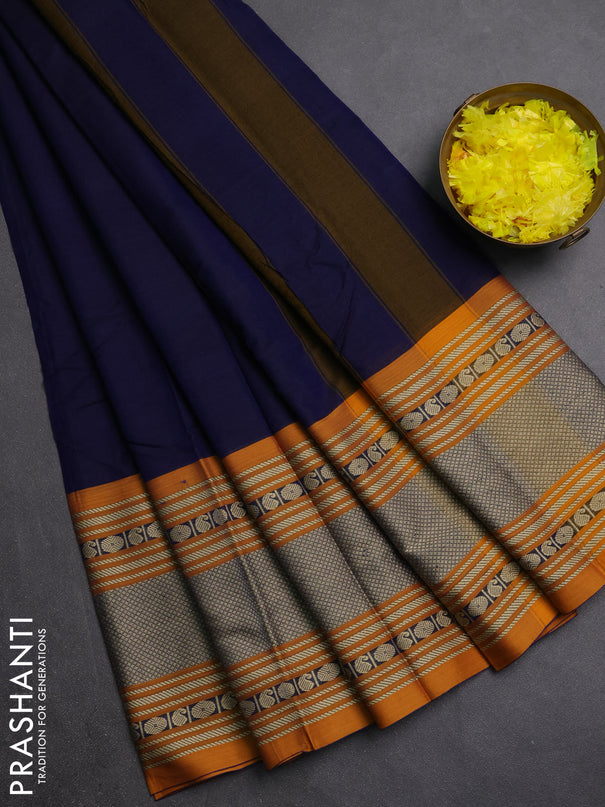 Narayanpet cotton saree navy blue and mustard yellow with plain body and long silver zari woven border