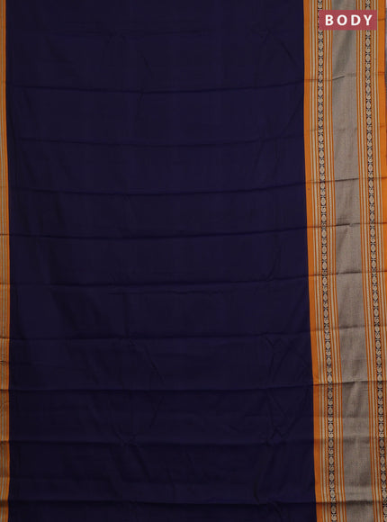 Narayanpet cotton saree navy blue and mustard yellow with plain body and long silver zari woven border