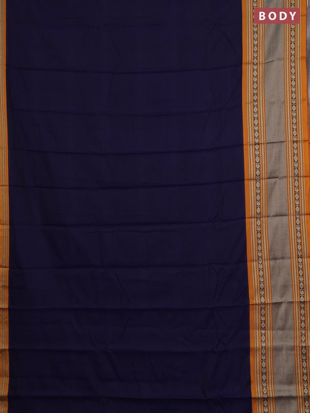 Narayanpet cotton saree navy blue and mustard yellow with plain body and long silver zari woven border