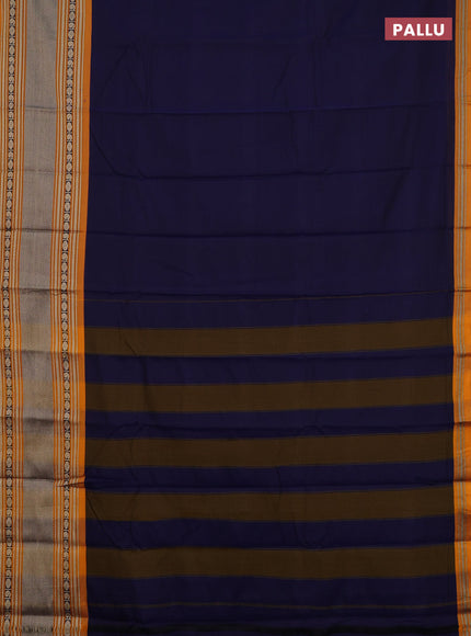 Narayanpet cotton saree navy blue and mustard yellow with plain body and long silver zari woven border