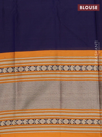 Narayanpet cotton saree navy blue and mustard yellow with plain body and long silver zari woven border