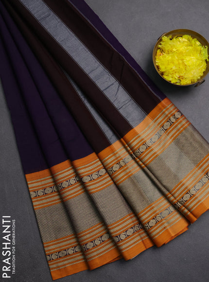 Narayanpet cotton saree deep violet and mustard yellow with plain body and long thread woven border
