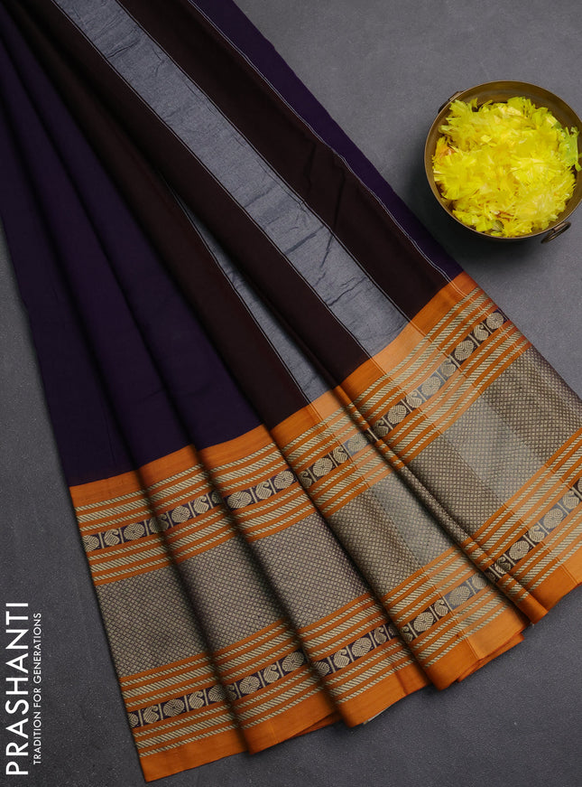 Narayanpet cotton saree deep violet and mustard yellow with plain body and long thread woven border
